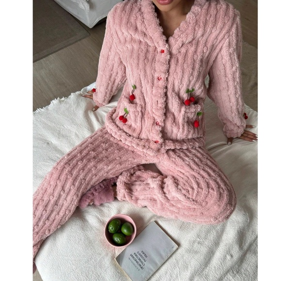 Cozy Textured Teddy Button Down Pants Pajamas Set - Picture 2 of 8